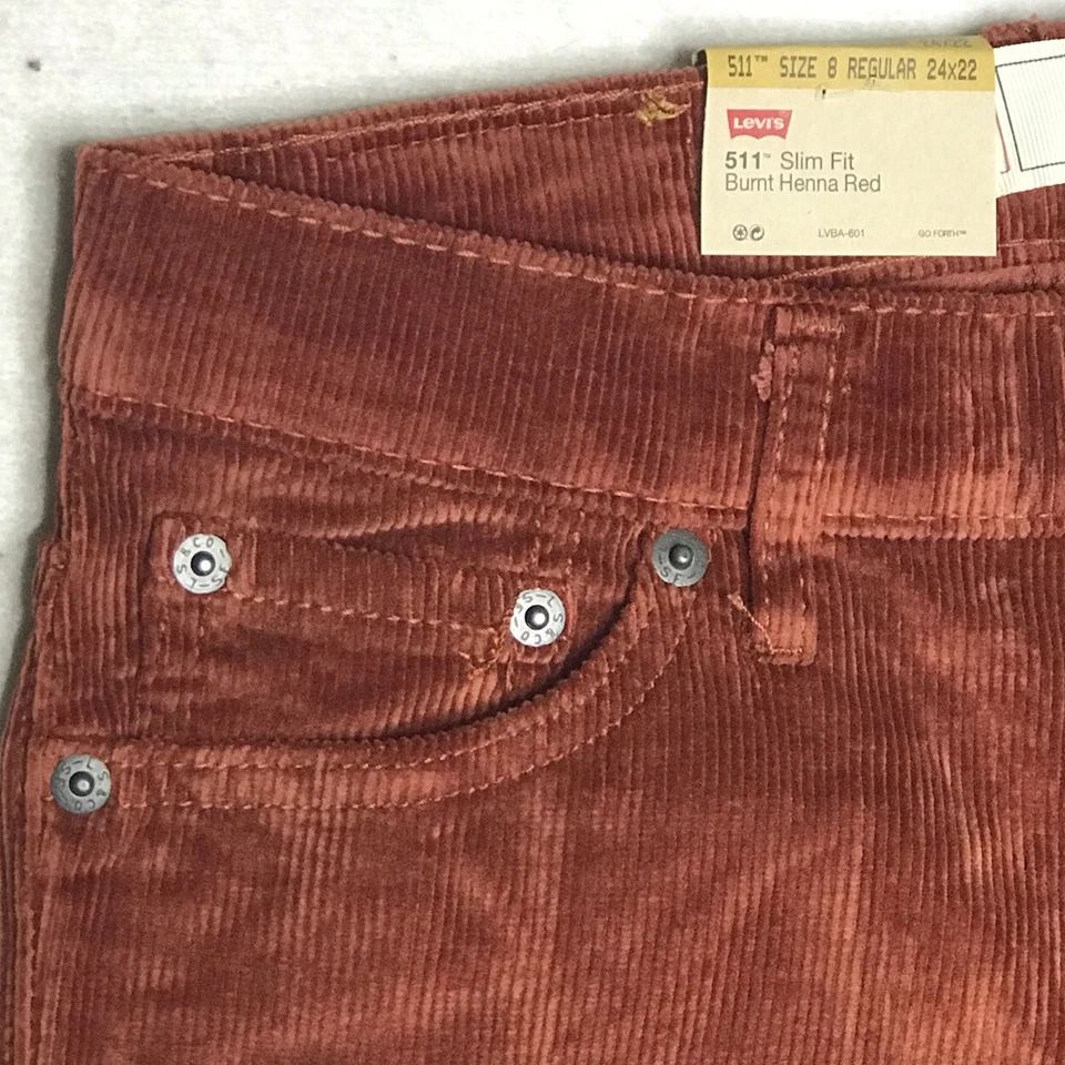 Pantalones Levis Niños 8 Regular 24X22 Rojo Henna Quemada 511 Pana Calce Ajustado Nuevos con Etiquetas Foto 3 de 4