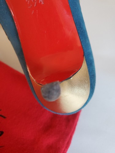 Christian Louboutin Teal Suede Gold Trim Mid High Heel Pumps W Bag 39.5 US 8.5 - Picture 12 of 23