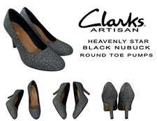 CLARKS HEAVENLY STAR BLACK NUBUCK LEATHER ROUND TOE PUMPS / HEELS US 9  129