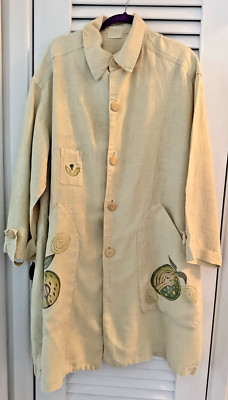 Vintage Blue Fish Hemp Linen Duster Jacket Dress Button Down Hand Paint Apples