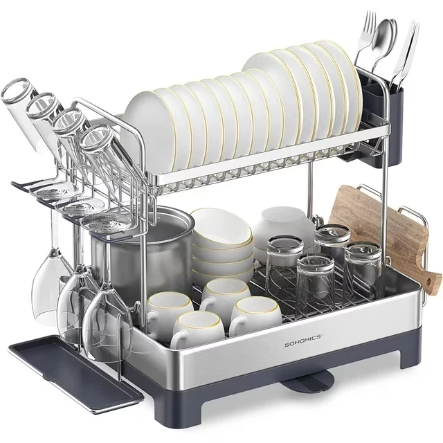 SONGMICS Dish Drying Rack - 2 Tier Dish Rack for Kitchen Counter with Rotatable