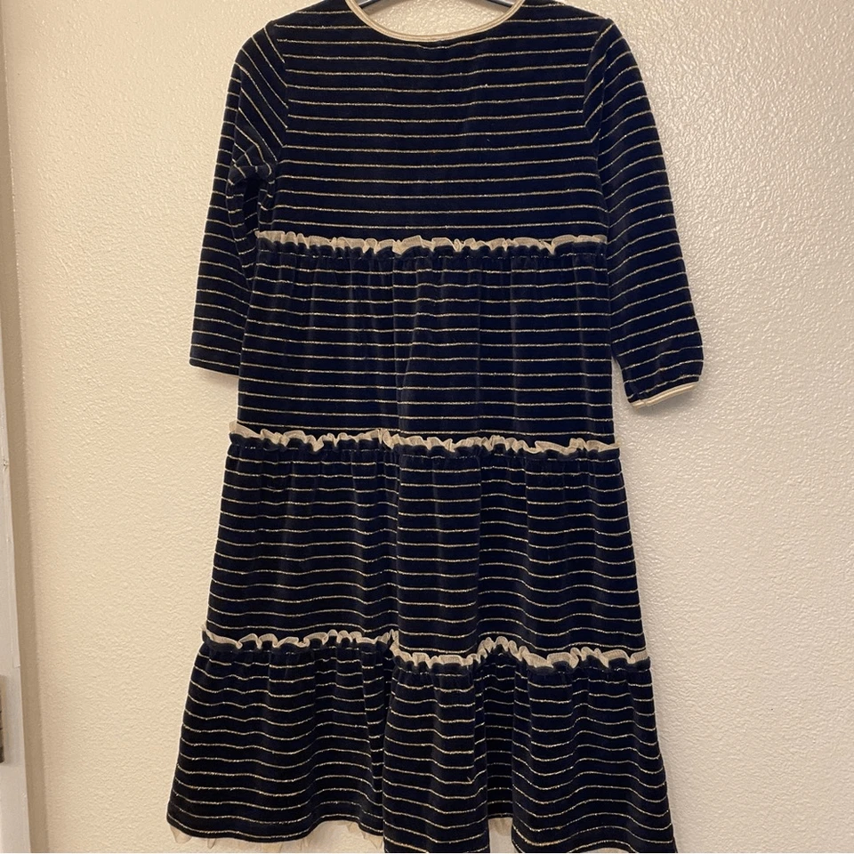 Vestido de vacaciones Hanna Andersson a rayas lúrex negro terciopelo volantes 140 EE. UU. 10 Foto 3 de 4