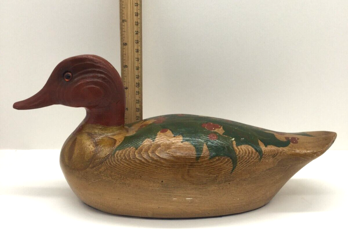 Hand Painted Wood Wooden Christmas Duck Decoy Red Head Holly Berry eBay