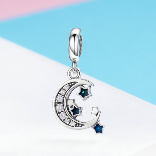 Moon and Stars CZ Charm Pendant Bead Fits 925 Sterling Silver Necklace Bracelet - Picture 2 of 8