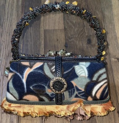 Mary Frances Beaded Purse Clutch Black, Gold, Green Flowers Ruffels Of 