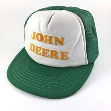 Vintage JOHN DEERE Tractor Trucker SA Hat Cap Letters White Green Snapback
