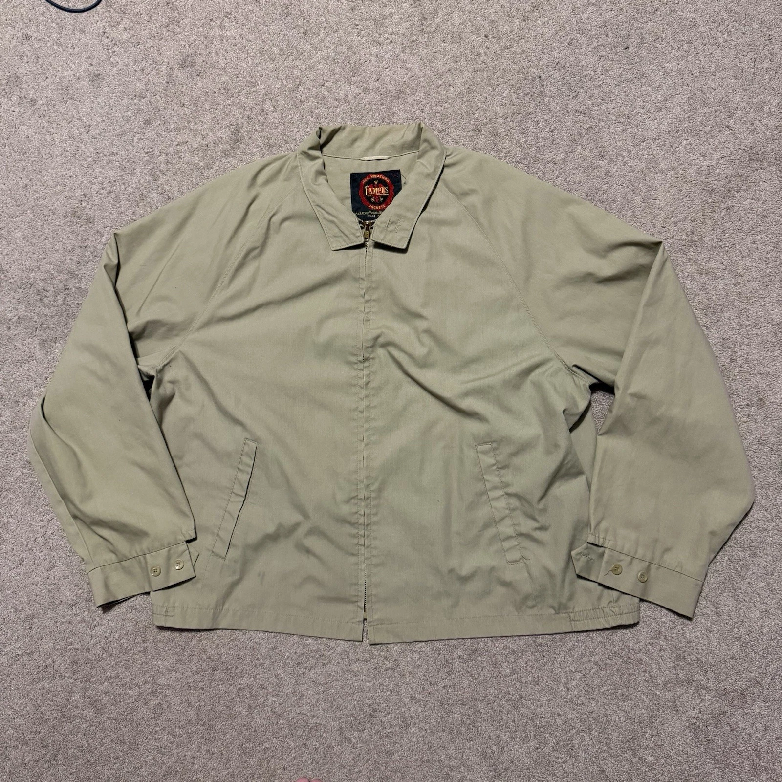 Vintage 1960’s All Weather Campus Light Weight Zip Up Harrington Tan Size XXL