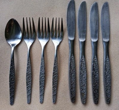 Interpur Jardinera Stainless Japan 8 Pc Set Midcentury Flatware Floral Daisy 