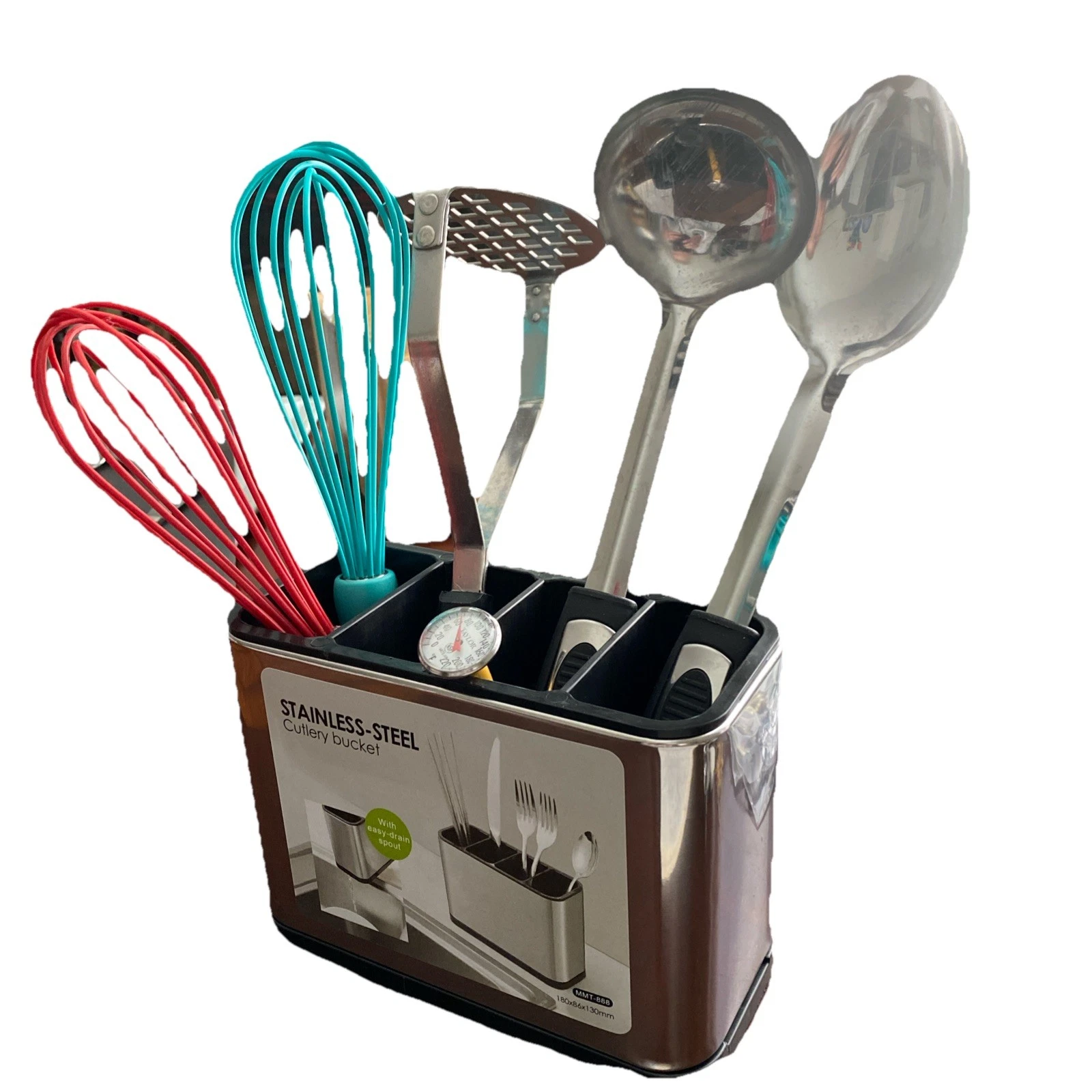 Stainless Steel 7pc Prep Serve Kitchen Utensil Set Caddy Holder NonSlip Vents 7”