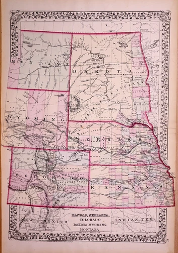 1873 Map ~ Dakota, Montana, Wyoming Territories Colorado KS NB - S. A. Mitchell