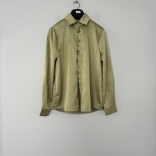 Boohoo Satin Button Up Shirt Womens 8 Sage Olive Green Textured Top Long Sleeve