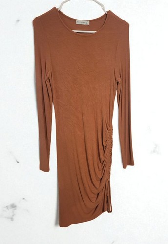 Popular 21 Rust Orange Ribbed Drawstring Bodycon Mini Dress Sz: Large - Picture 2 of 10