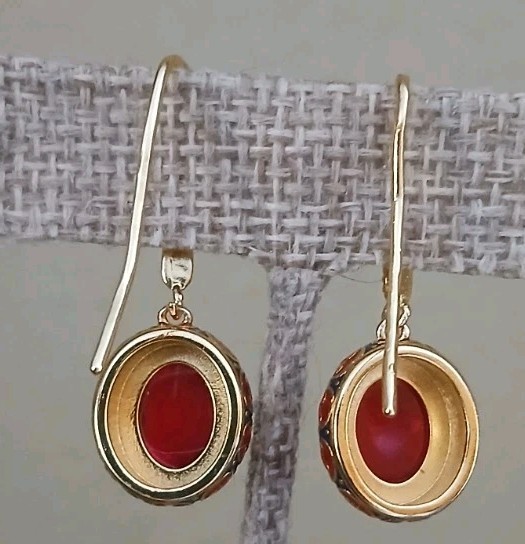 Ruby Red Glass  Cloisonne Dangle Drop Pierced Gol… - image 6