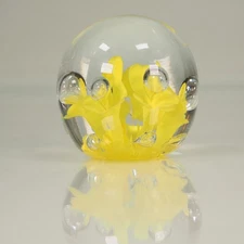 Joe St Clair Yellow Flowers With Yellow Detail Bubble Glass Paperweight 2.5"