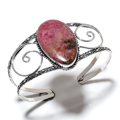 Rhodonite Gemstone Handmade 925 Sterling Silver Cuff Bangle Adjustable e444