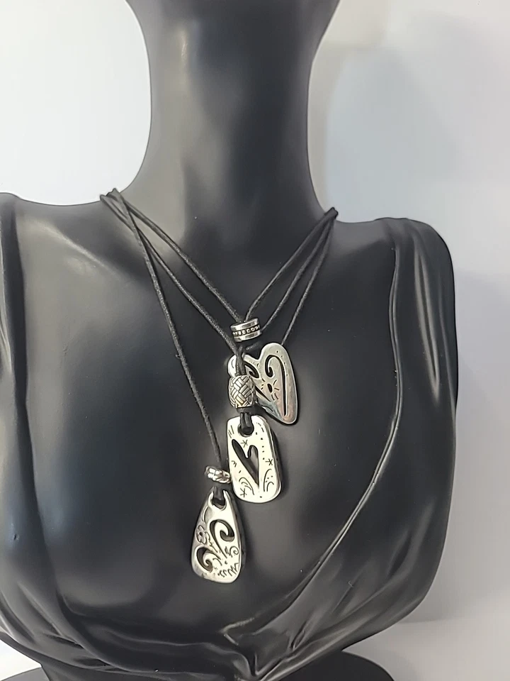 Vintage Brighton Etched Heart Swirl Pendant Triple Strand Silver Tone Jewelry - Image 3 of 4