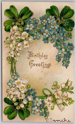 Vintage Embossed Birthday Greetings Postcard Forget-Me-Nots Lily of the Valley