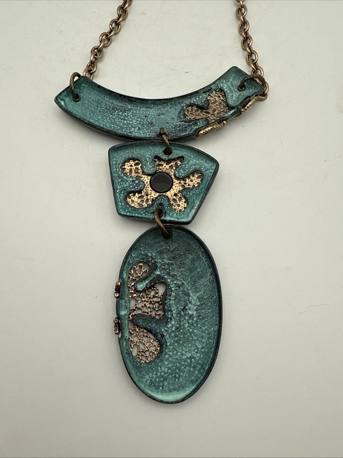 Large Statement Necklace Rhinestone Distressed Gr… - image 10