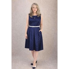 Tahari ASL Navy Polka Dot Belted Midi Dress 8 | Dark Academia | Cottage | Retro
