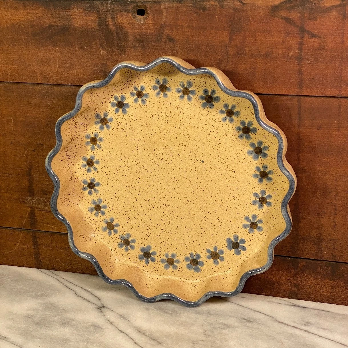 Pottery Pie Quiche Dish Fluted Edge 10" Blue Floral Pattern Speckled ~ Signed