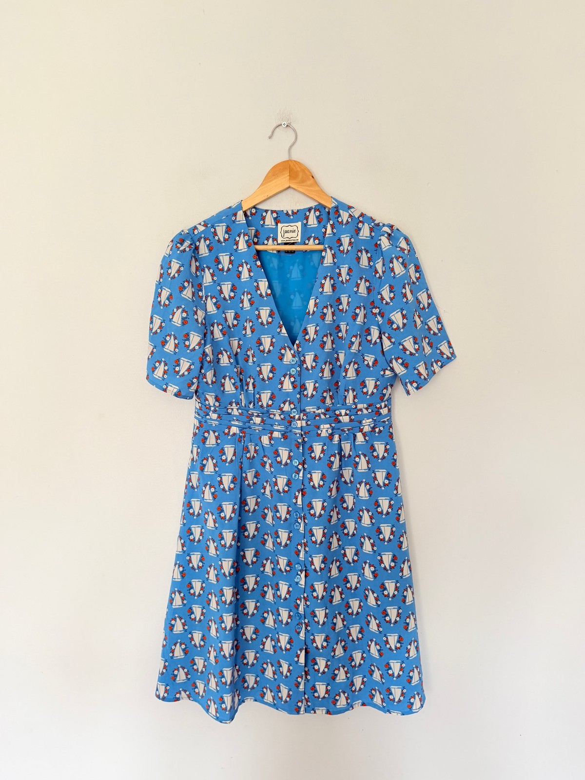 Joanie Dress Size UK 12 Blue Floral Boat Print Short Sleeve Midi Spring Summer