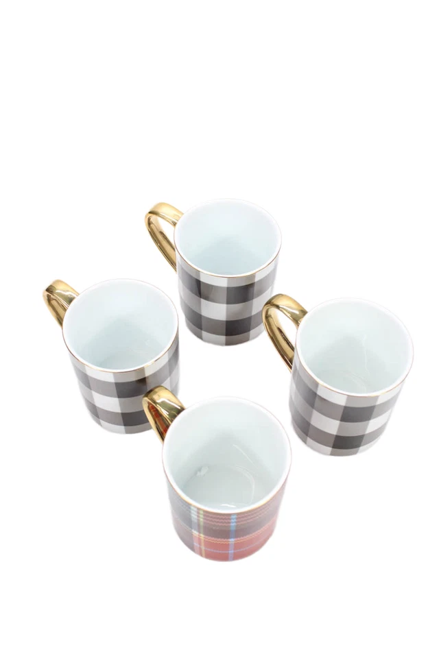 8 Oak Lane Set of 4 Plaid Print Metallic Trim Mugs Brown Gold - Image 2 of 4