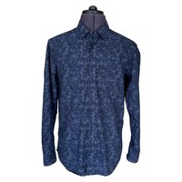 Z Zegna Slim Fit Shirt Blue Geometric Print 100% Cotton Long Sleeve Men’s Large