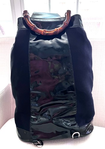 Vintage GUCCI Black Nylon & Patent Leather Bamboo Handled One Strap Backpack Bag - Picture 2 of 11