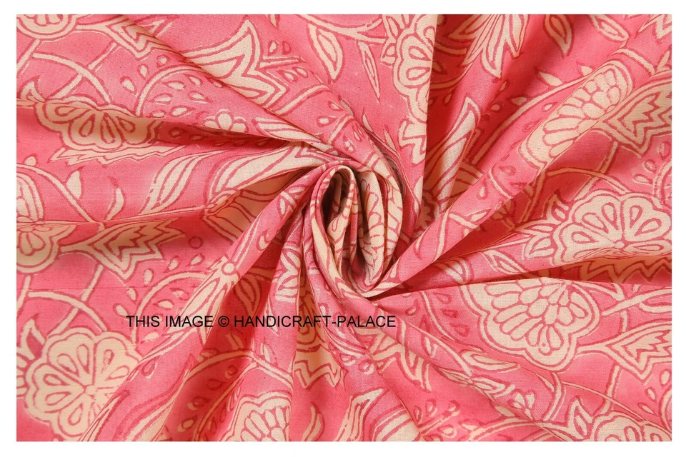 Pink Hand block Print Running Loose 100% Cotton Fabric Printed Decor 25 Yard New - Image 2 of 3