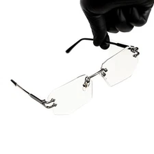 Men's Gem Cut Silver Frame Clear Lens Rectangular Luxury Rimless Hip Hop Glasses