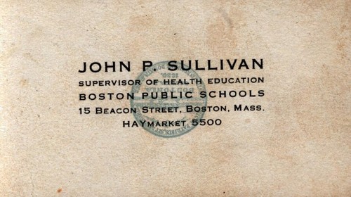 Vintage Boston Public Schools John P. Sullivan Business Card 3" x 2"