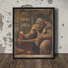 Vintage BIGFOOT BEER Wall Art, SASQUATCH Bar Drink Poster, Cryptid Kitchen Decor