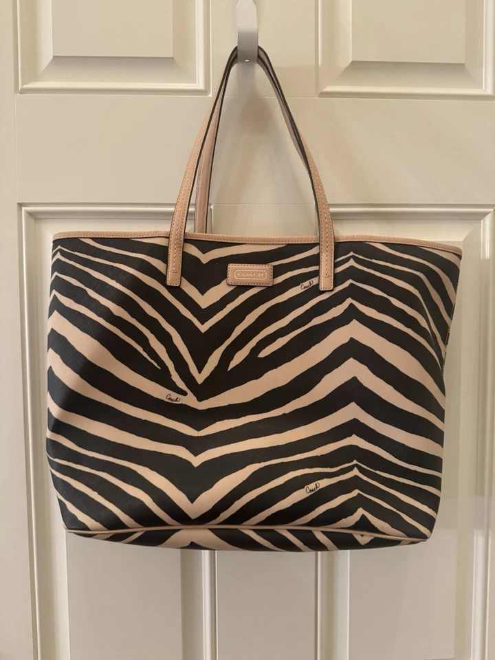 COACH Park Metro F26983 Black Tan Zebra Coated Canvas Tote Shoulder Bag 3 Charms