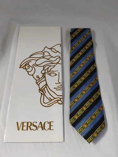 Gianni Versace Blue Gold Striped Medusa Head Silk Necktie Made In Italy video thumbnail