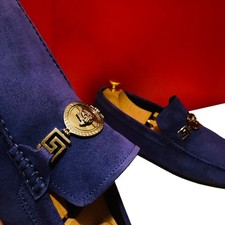 $849.00 !! VERSACE MEN'S ICONIC BLUE SUEDE LOAFERS SHOES MARKED SIZE 42.5