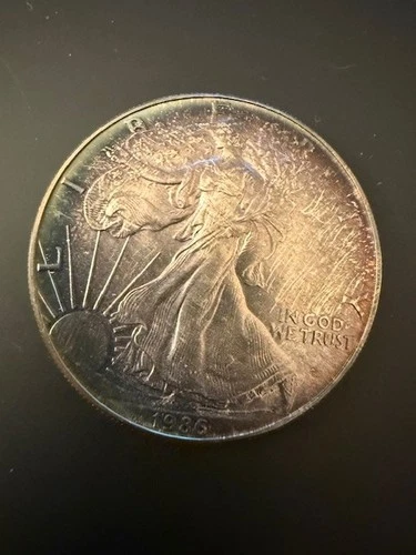 1986 WALKING LIBERTY AMERICAN EAGLE .999 FINE SILVER DOLLAR BLUE TONING FreeShip