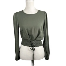 Love Fire Olive Boho Smocked Waist Front Tie Long Sleeve Top Size Small