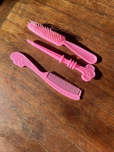 Barbie Pink Comb Brush And Curler Plastic Vintage. Set Of 3