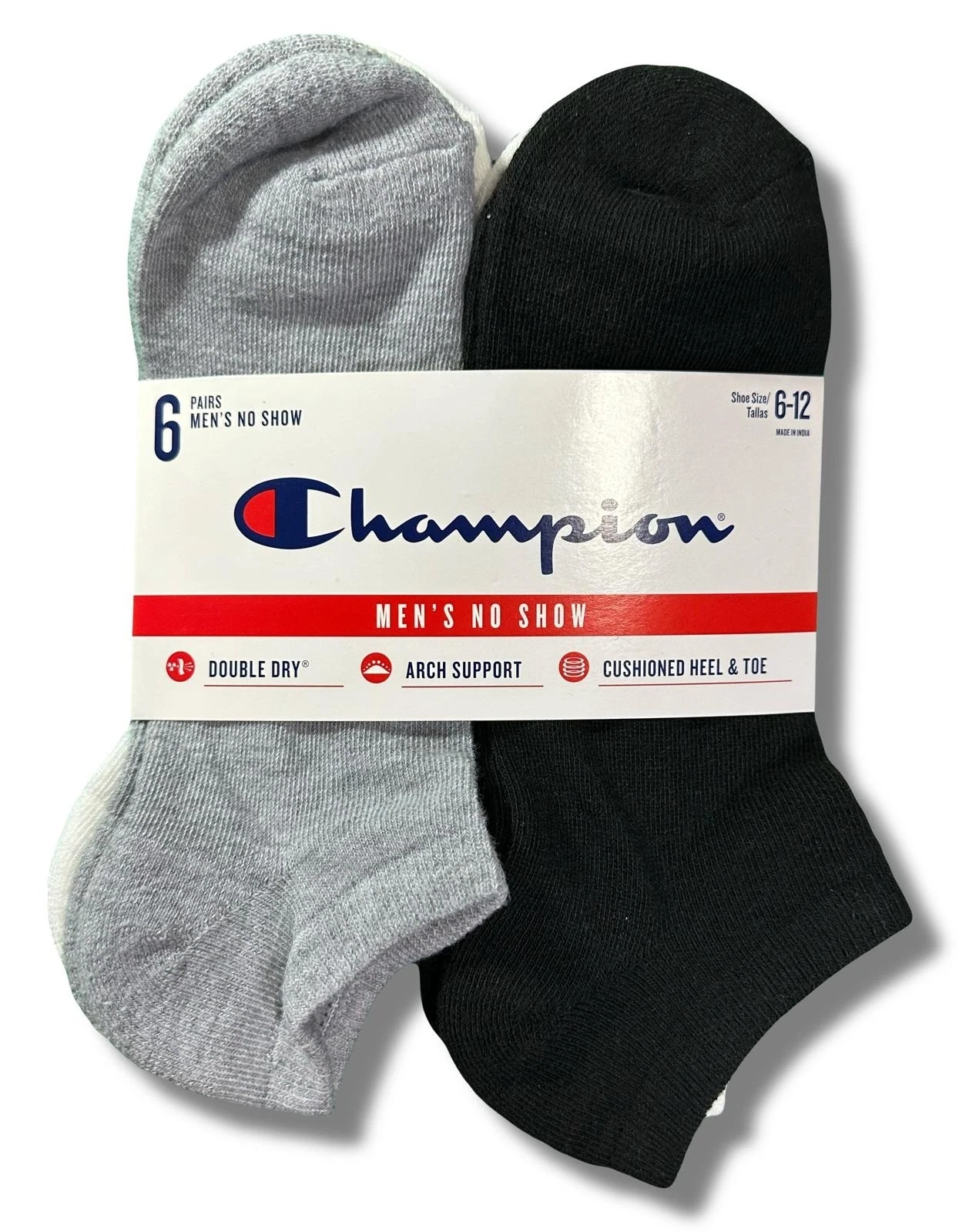 Champion Men's No Show Socks Black Gray Cushioned 6 Pack Size 6-12 Large