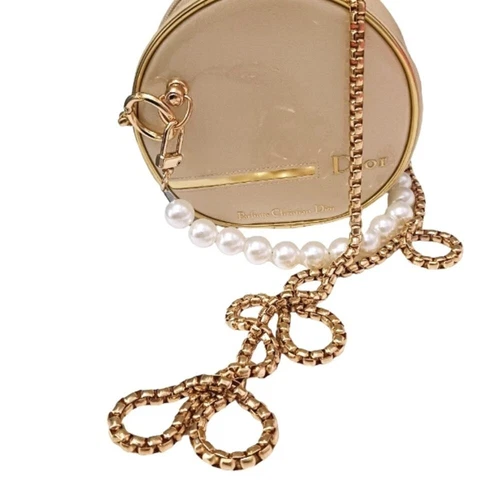 CHRISTIAN DIOR Sac à main bandoulière 6" ROND beige sac cosmétique avec PERLES OR mariage