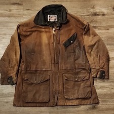 Australian Outback Collection Oilskin Waxed Jacket SM Brown Leather Trim Vintage