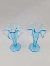 2 Vintage Blue Glass Jack In The Pulpit Vases 6.5" Tall Hexagon Base