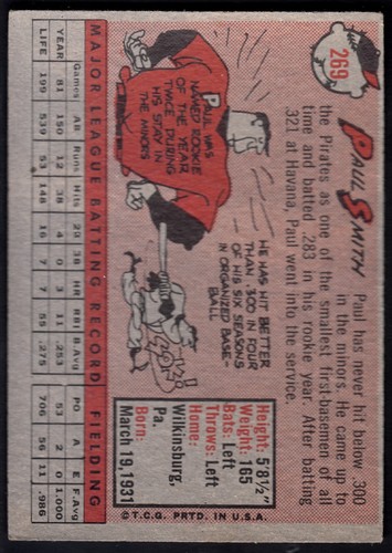 1958 TOPPS #269 PAUL SMITH OUTFIELD PITTSBURGH PIRATES SET BREAK EXMT - Picture 2 of 2