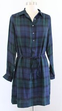 Ann Taylor Loft Plaid Popover Tie Waist Shift Dress Size XS Navy Blue Green