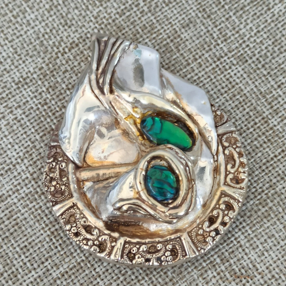 Broche Artesanal De Colección Plata 925 ÚNICO Arte Abstracto Grande Hinchado Modernista Concha Azul Foto 3 de 4