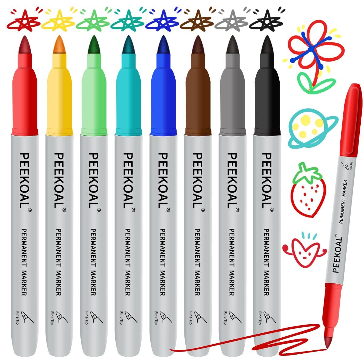 8 Pack Assorted Colors Permanent Markers, Fine Tip Colored Markers Pens for A...