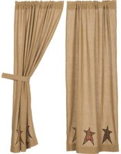 63" L Rustic Burlap Curtains Solid Tan w/ Primitive Star Plaid Patches Stratton