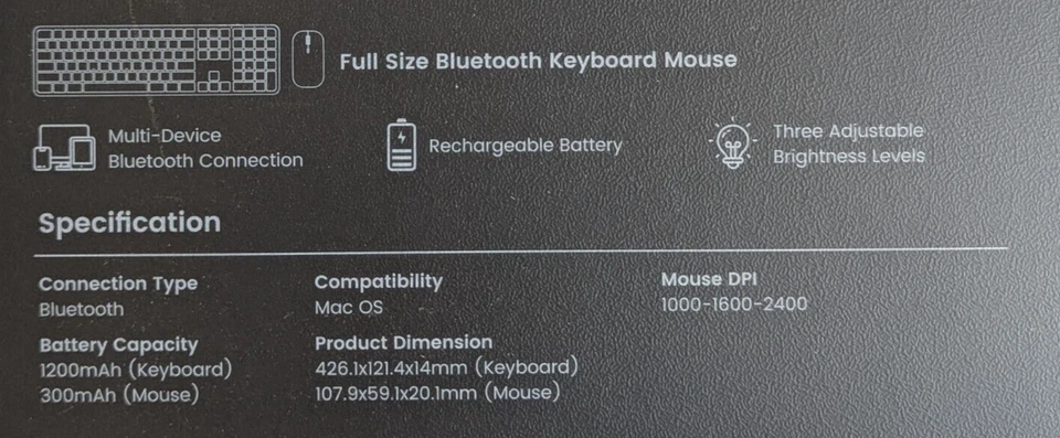 ProtoArc Slim Backlit Bluetooth Keyboard & Mouse for Mac, KM100-A, White Silver - Image 3 of 3