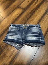 Express Jeans Women's Distressed Raw Hem Denim Shorts Size 0 Blue Low-Rise