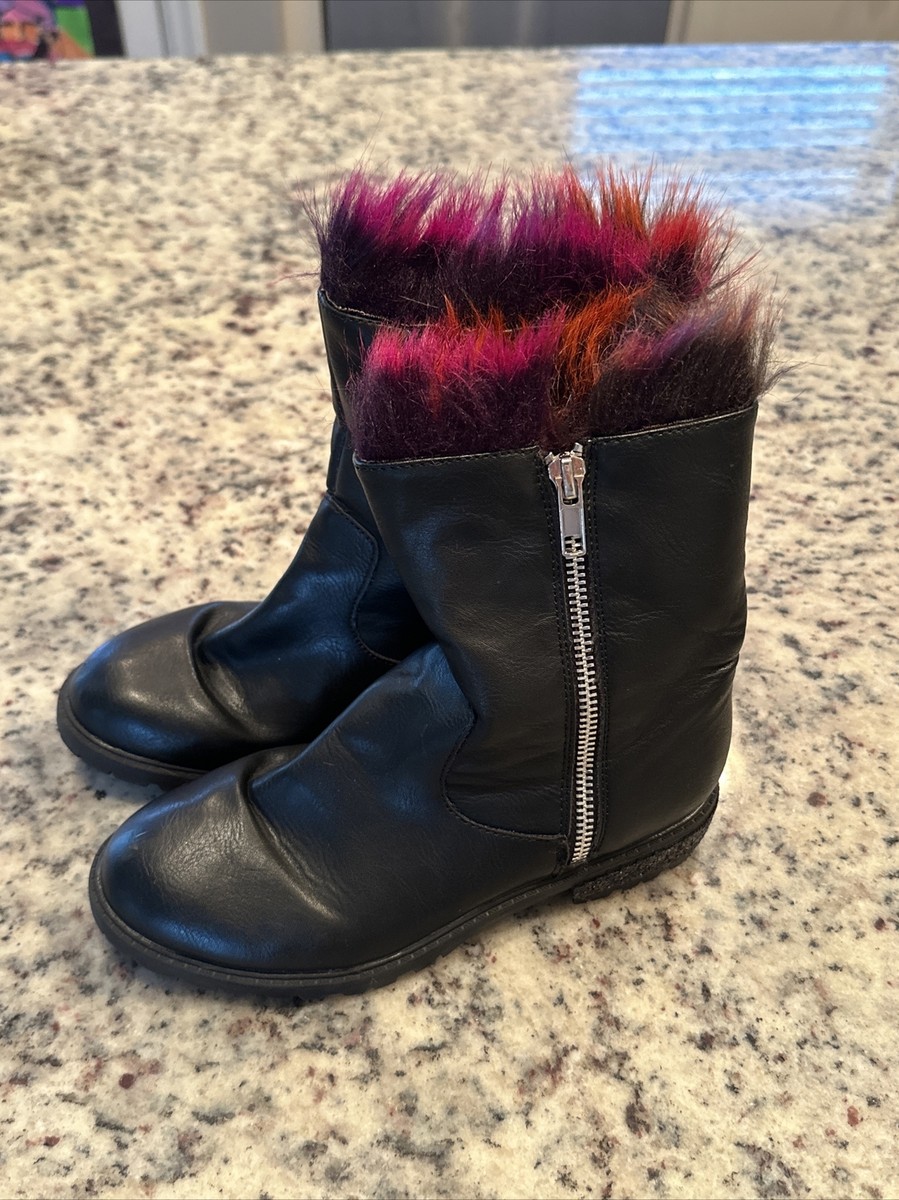 STEVE MADDEN Faux FUR Boots Black Girls JNORTHIE Size Zip Block Heel Snow